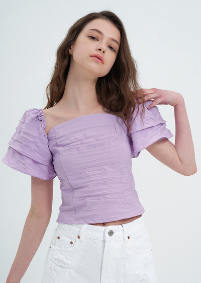 shirr square neck off-shoulder blouse lilac